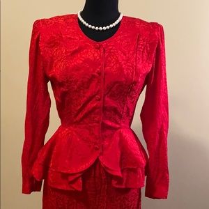 ARGENTI Suit Red 100% Silk Peplum Ruffle Top/Skirt
